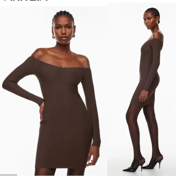 Babaton Sculpt Knit Eloquence Dress Off Shoulder Brown 45623 - Picture 1 of 9